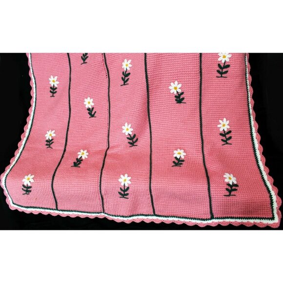 Hand Crochet Pink White Flower Pattern Green Blanket Throw Afghan Over Sized - Picture 7 of 12